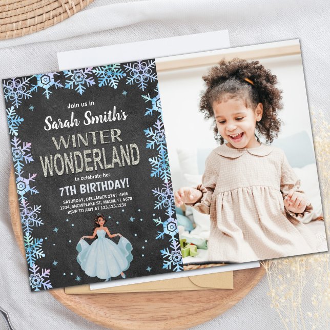 Customizable Winter Onederland Party Invitations (ChalkBoard Winter Wonderland Invitations w photo)