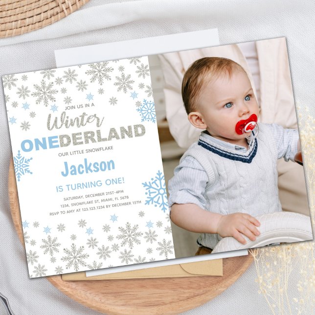 Customizable Winter Wonderland Party Invitations (Blue Photo SnowFlake Winter Birthday Onederland Invitation)