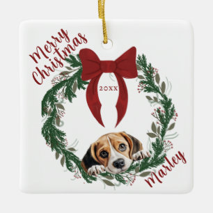 Customizable Wreath Beagle Dog Square Ornament