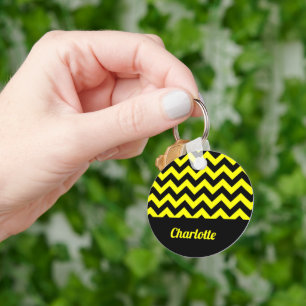Customizable yellow and black chevron pattern key ring