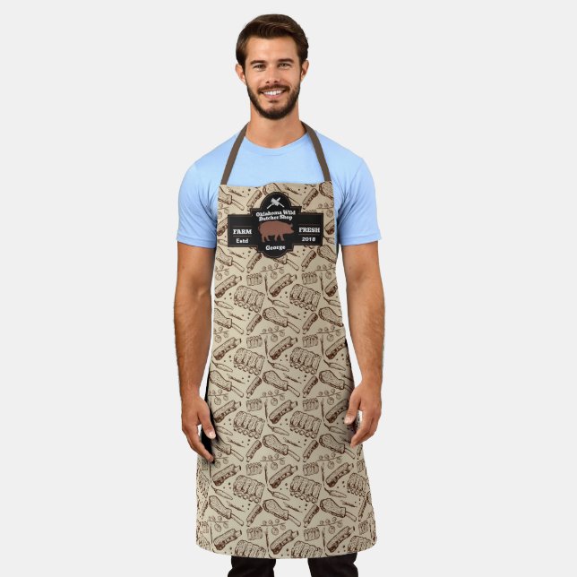 Customize Butcher Shop Brown Hog Pork Rib Design Apron (Worn)