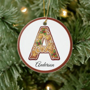 Customize Christmas Gingerbread Letter A Monogram Ceramic Ornament