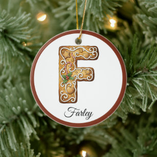 Customize Christmas Gingerbread Letter F Monogram Ceramic Ornament
