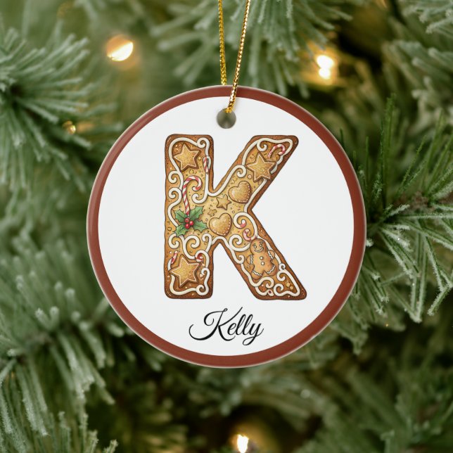 Customize Christmas Gingerbread Letter K Monogram Ceramic Ornament (Tree)
