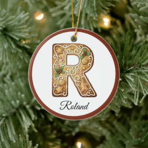 Customize Christmas Gingerbread Letter R Monogram Ceramic Ornament