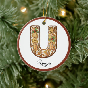Customize Christmas Gingerbread Letter U Monogram Ceramic Ornament