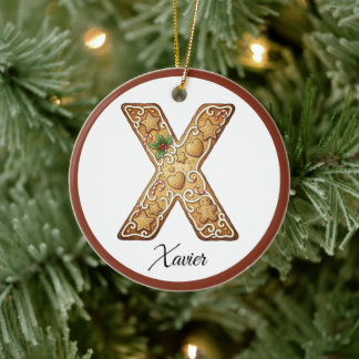 Customize Christmas Gingerbread Letter X Monogram Ceramic Ornament