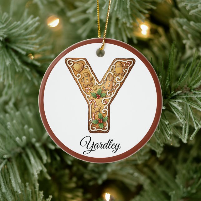 Customize Christmas Gingerbread Letter Y Monogram Ceramic Ornament (Tree)