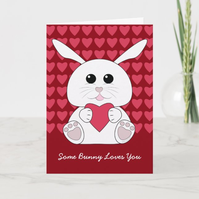 Customize Cute Kawaii White bunny Valentine Hearts Holiday Card (Front)