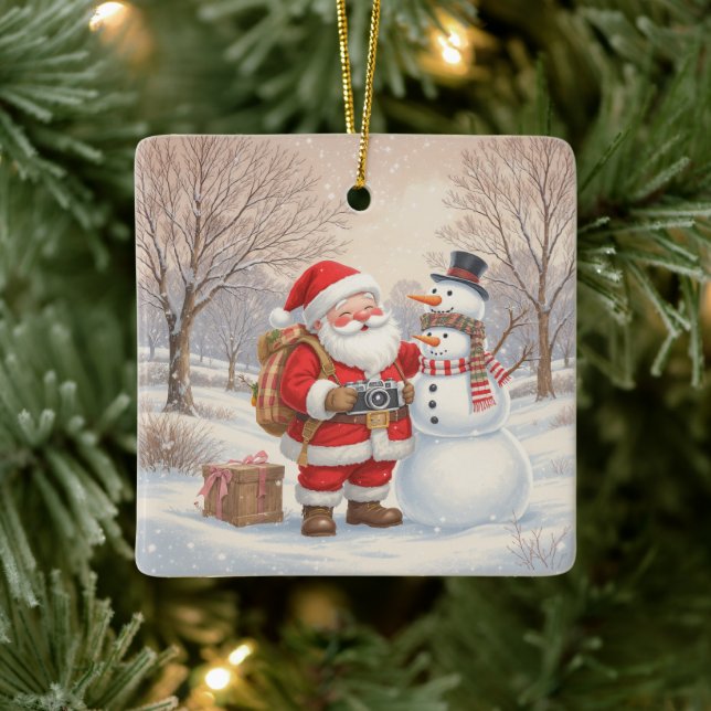 Customize Cute Santa Photographer Ceramic Ornament (Tree)