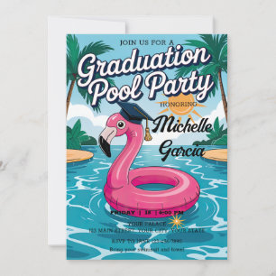 Customize Funny Flamingo Graduation Cap Pool Party Invitation