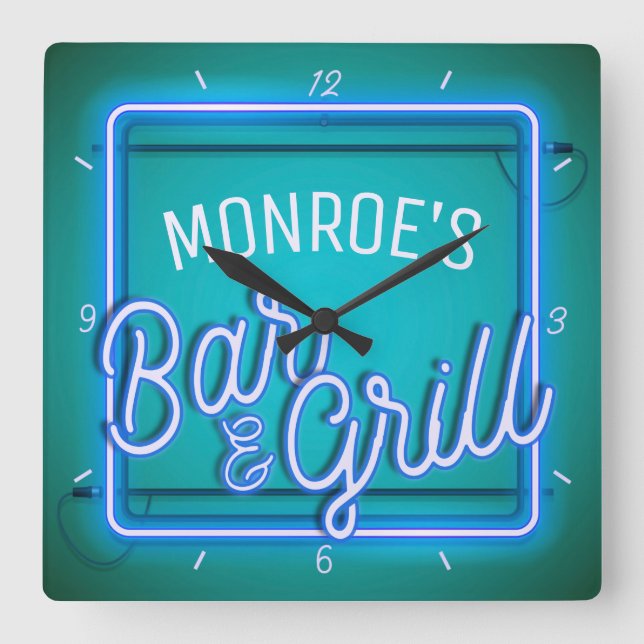 Customize NAME Blue Faux Neon Sign Retro Bar Grill Square Wall Clock (Front)