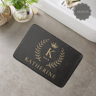 Customize Name & Initial Black White Gold Monogram Bath Mat