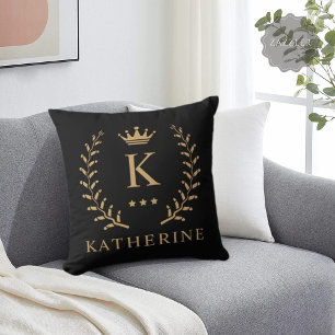 Customize Name & Initial Black White Gold Monogram Cushion