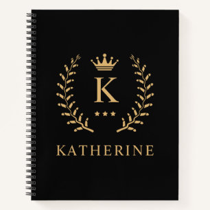 Customize Name & Initial Black White Gold Monogram Notebook