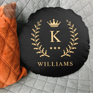 Customize Name & Initial Black White Gold Monogram Round Cushion