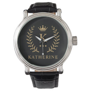 Customize Name & Initial Black White Gold Monogram Watch