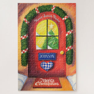Customize Red Merry Christmas Front Door Home Jigsaw Puzzle