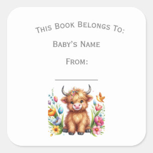 Customize Rustic Cute Baby Highland Cow Book Plate Square Sticker