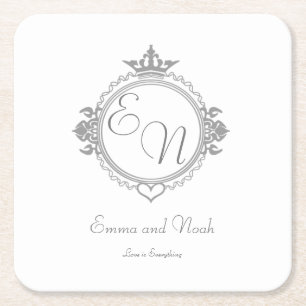 Customize the names, initials and phrase Love Square Paper Coaster