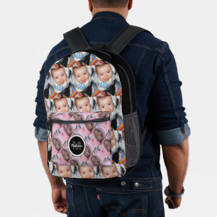 Customize Your two photo pattern monogram Black Printed Backpack