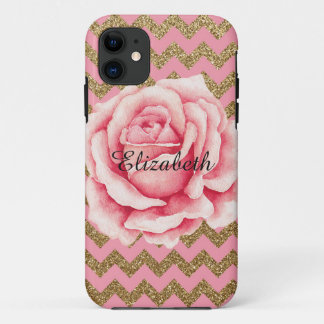 Customizeable Pink & Gold Rose Glitter iPhone 11 Case