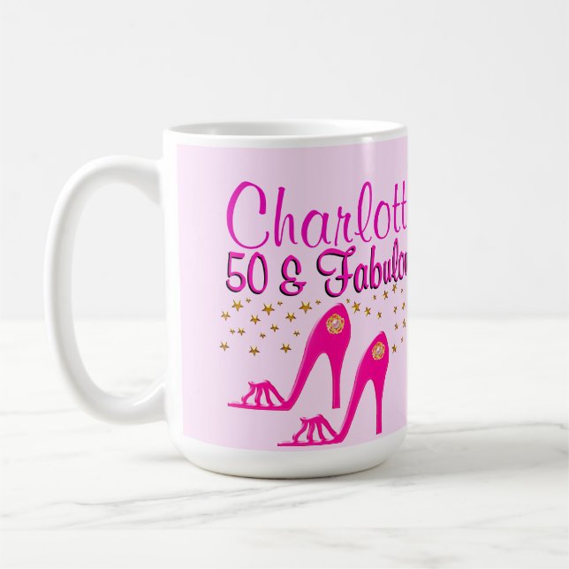 CUSTOMIZED 50TH BIRTHDAY PINK SHOE QUEEN MUG (Left)