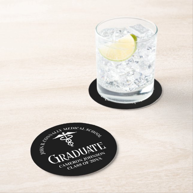 Customized Black Medical School Graduation Party Round Paper Coaster (Insitu)