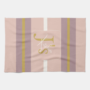 Customized Blush Pink Gold Stripe Monogram Chic Tea Towel