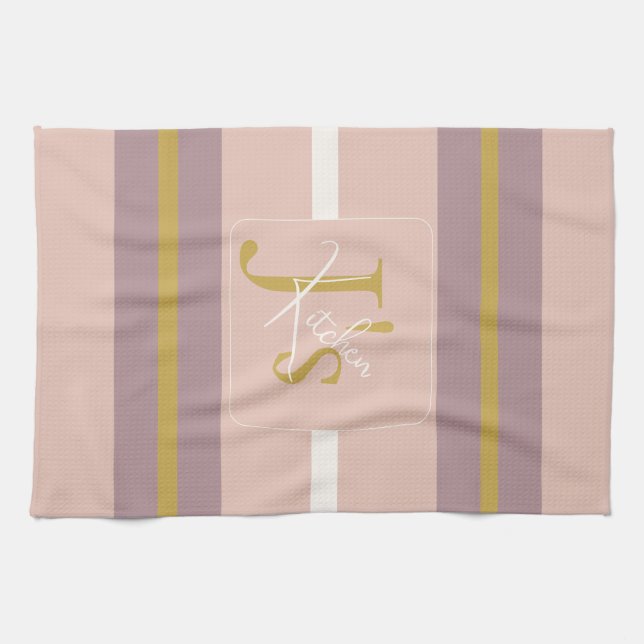Customized Blush Pink Gold Stripe Monogram Chic  Tea Towel (Horizontal)