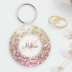 Customized Blush Pink Pretty Glitter Monogram Name Key Ring