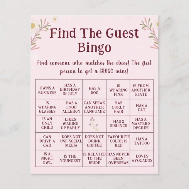 Customized Boho Floral Find The Guest Bingo Game  Flyer (Front)