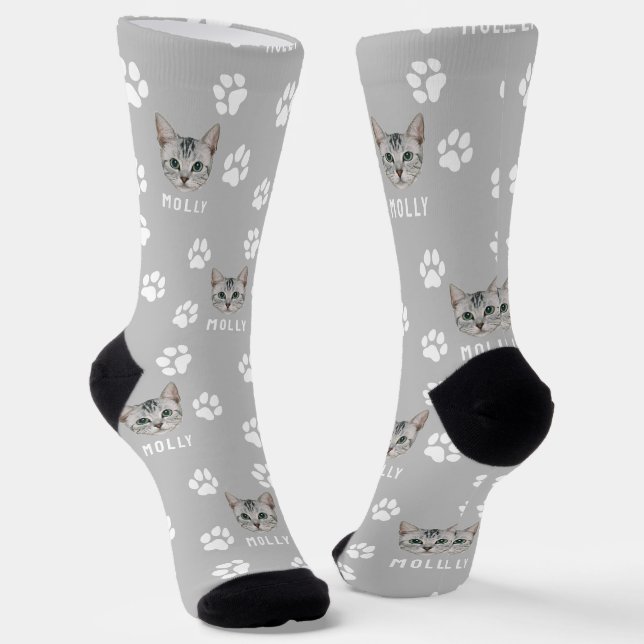 Customized Cat Pet Photo & Name Gray Socks (Angled)