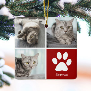 Customized Cat Photo Collage Cute Red Christmas Ceramic Ornament