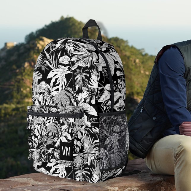 CUSTOMIZED Cool Black White Tropical Leaf Printed Backpack (customized cool black and white tropical leaf printed backpacks, travel bags, back to school)