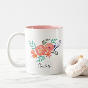 Customized Coral Pink Watercolor Flower Bouquet Two-Tone Coffee Mug