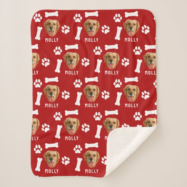 Customized Dog Pet Photo & Name Red Sherpa Blanket (Front)