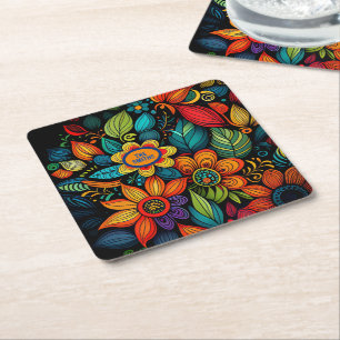 CUSTOMIZED DOODLE FLOWERS ART DESIGN SQUARE PAPER COASTER