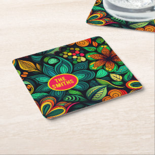 CUSTOMIZED DOODLE FLOWERS ART DESIGN SQUARE PAPER COASTER