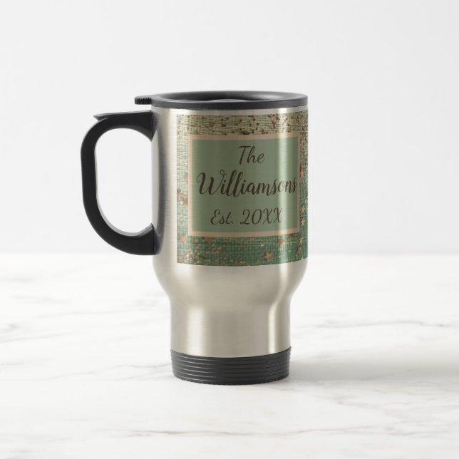 Customized Gold Stardust on Green Family Name Travel Mug (Left)