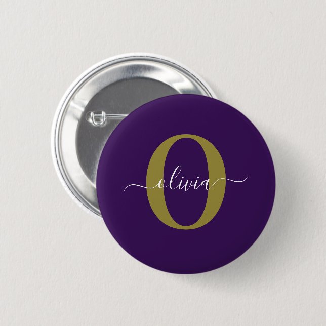 Customized Monogram Script Name Purple White Gold 6 Cm Round Badge (Front & Back)