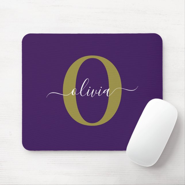 Customized Monogram Script Name Purple White Gold Mouse Pad (With Mouse)