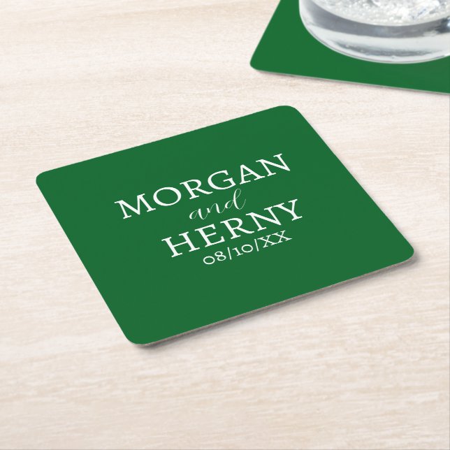 CUSTOMIZED NAME STYLISH MODERN DARK GREEN WEDDING  SQUARE PAPER COASTER (Angled)