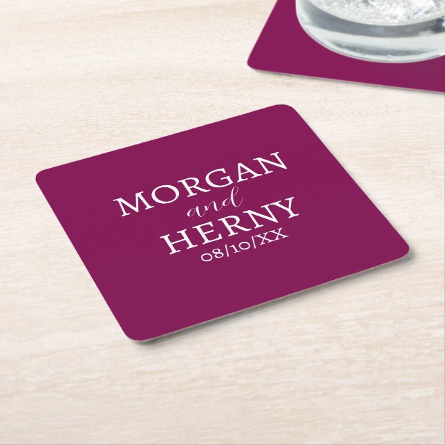 CUSTOMIZED NAME STYLISH MODERN DARK WINE WEDDING  SQUARE PAPER COASTER (Angled)