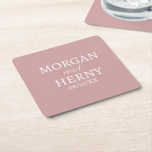 CUSTOMIZED NAME STYLISH MODERN DUSKY ROSE WEDDING  SQUARE PAPER COASTER (Angled)