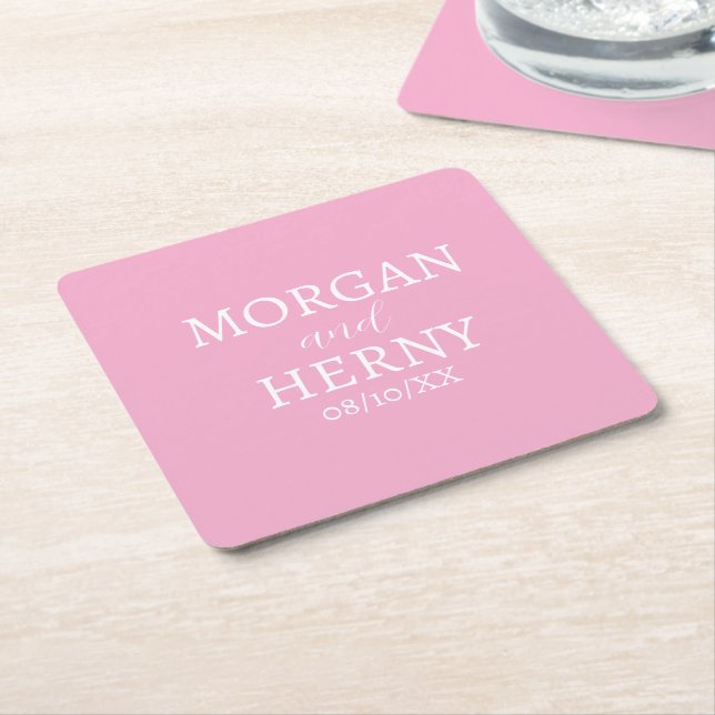 CUSTOMIZED NAME STYLISH MODERN PINK WEDDING  SQUARE PAPER COASTER (Angled)