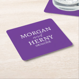 CUSTOMIZED NAME STYLISH MODERN PURPLE WEDDING SQUARE PAPER COASTER