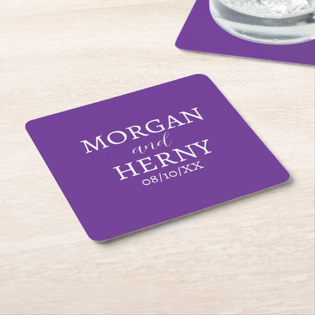 CUSTOMIZED NAME STYLISH MODERN PURPLE WEDDING SQUARE PAPER COASTER (Angled)