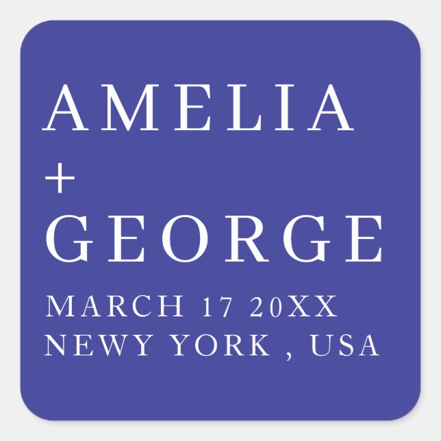 CUSTOMIZED NAME STYLISH MODERN WEDDING DARK BLUE  SQUARE STICKER (Front)