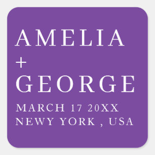 CUSTOMIZED NAME STYLISH MODERN WEDDING DARK PURPLE SQUARE STICKER